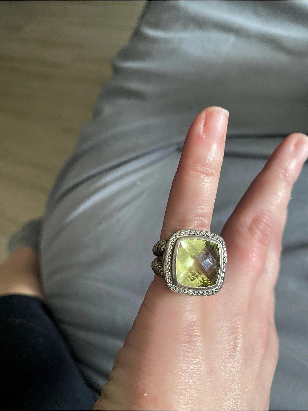 David Yurman Albion Ring with Lemon Citrine and Diamonds Green Cushion-Cut